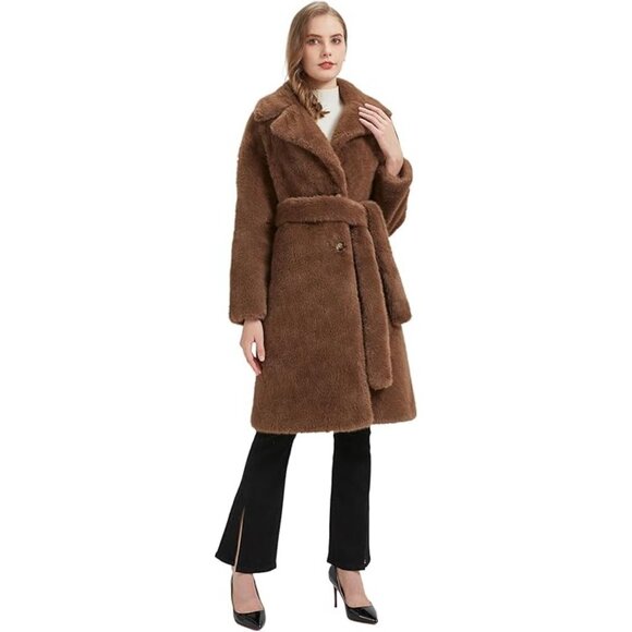 Faux Fur Thick Fuzzy Long Teddy Bear Coat Medium Coffee Brown Faux Suede Lined - Picture 3 of 4